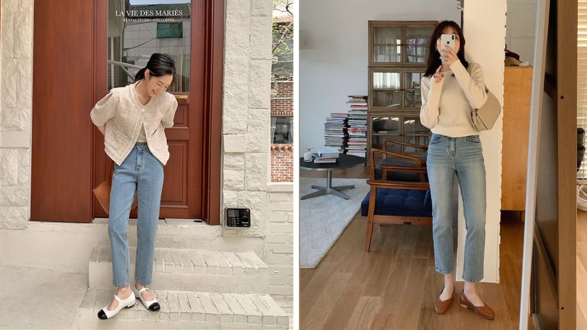 Phối đồ với giày búp bê chân váy ngắn