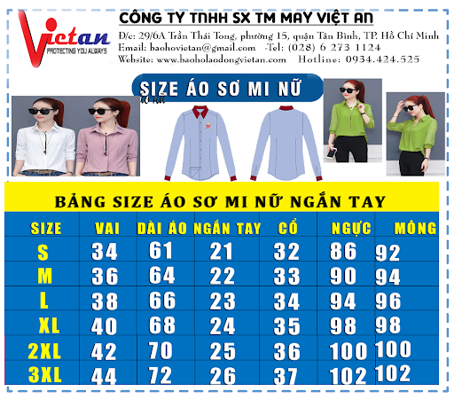 Bảng size áo sơ mi nữ theo cân nặng chiều cao
