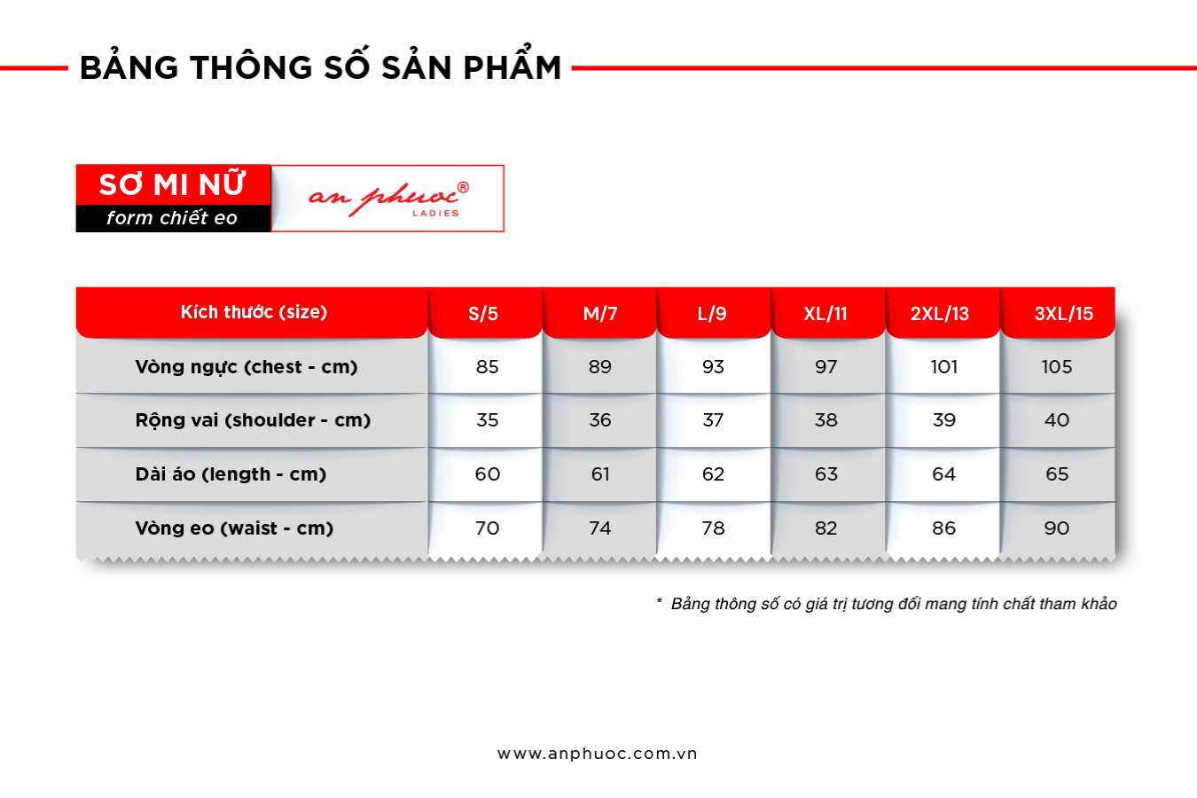 Bảng size áo sơ mi nữ chiết eo