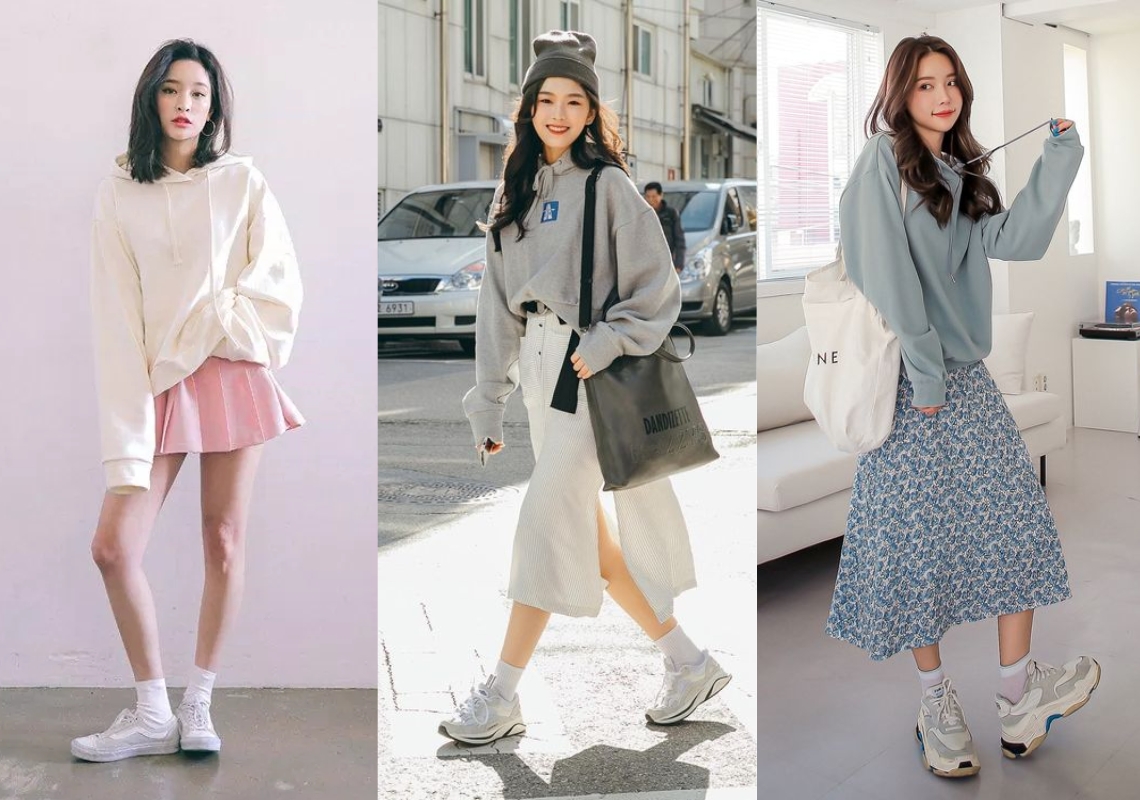 Phối áo hoodie với chân váy dài