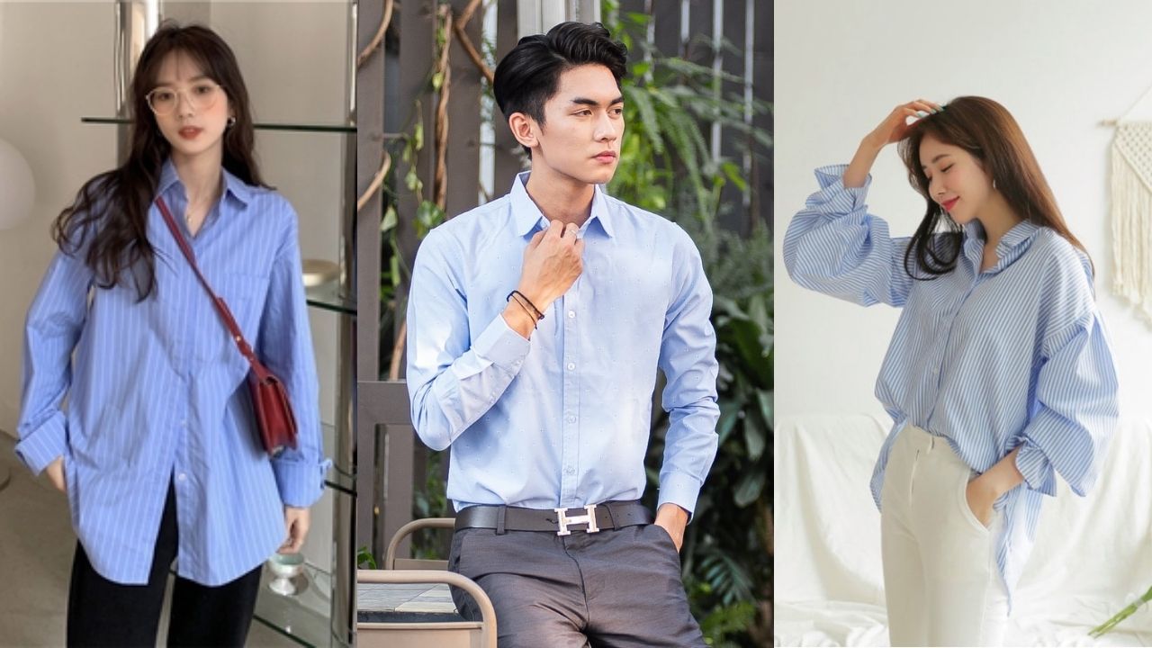 Cách phối áo sơ mi xanh với áo thun nữ