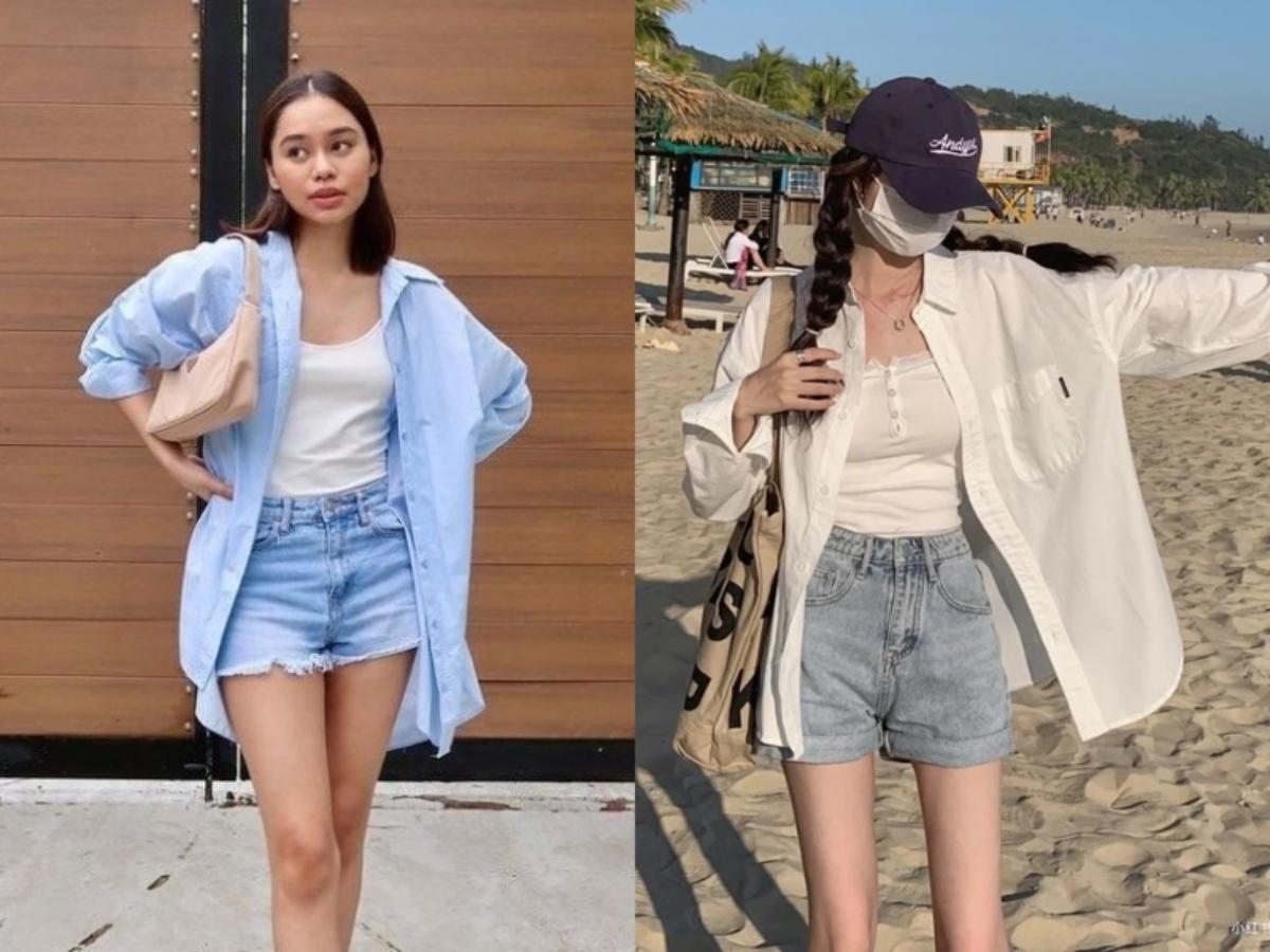 Phối đồ layer áo sơ mi với quần short nữ