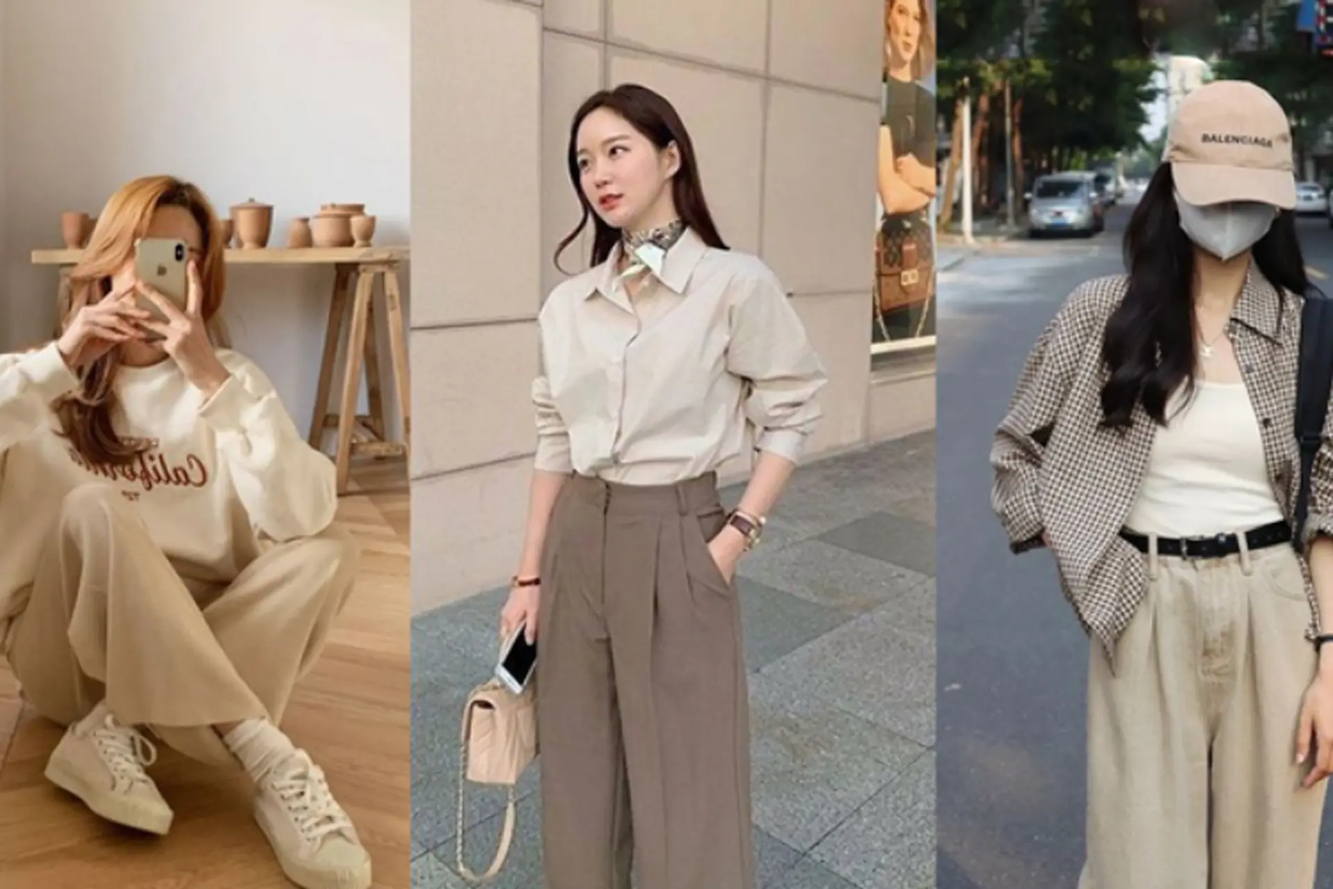 Áo màu kem phối với quần màu trắng