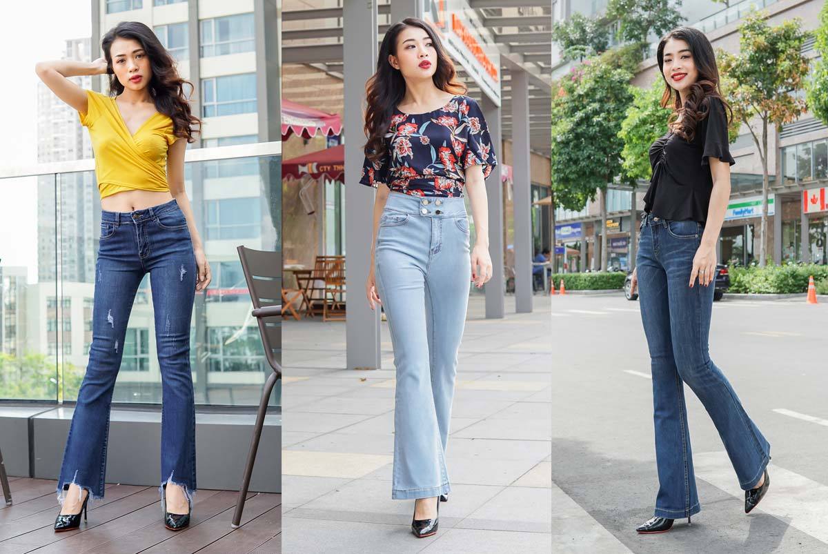 Quần jean ống loe mặc với áo trễ vai