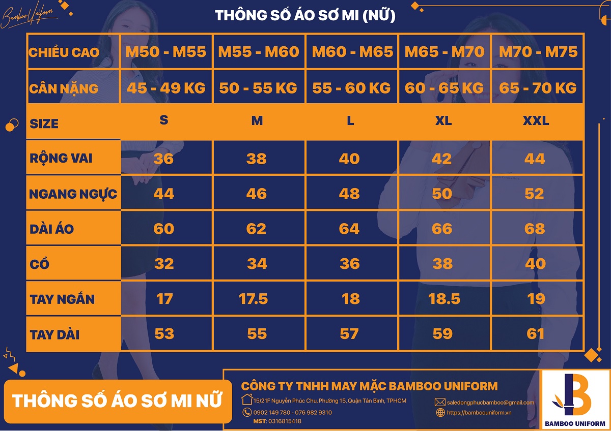 Bảng size áo sơ mi nữ chuẩn