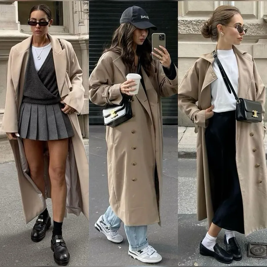 outfit với áo măng tô kaki