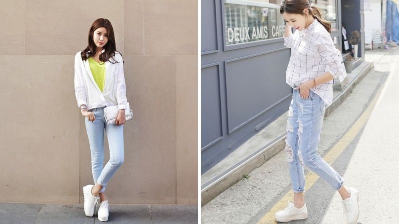20+ Cách Phối Đồ Với Giày Trắng Nữ Sành Điệu Cân Mọi Outfit 2 Mặc váy đi giày thể thao trắng