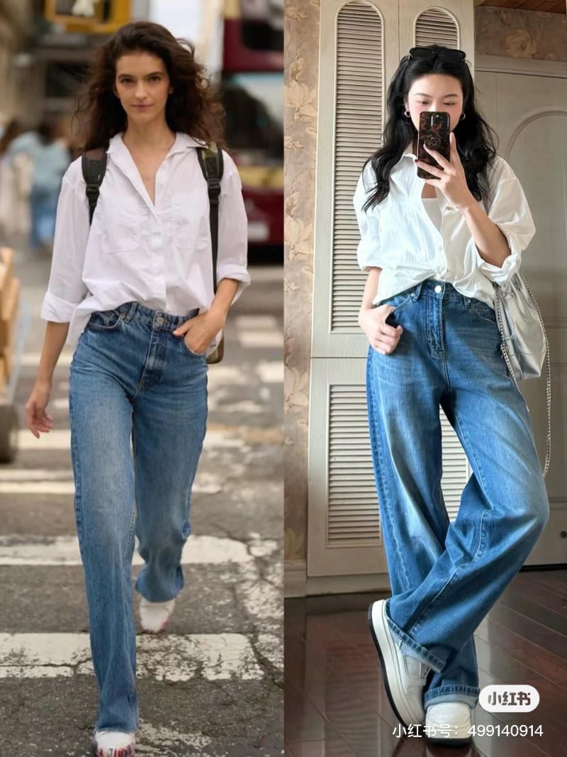 Cách phối đồ với quần jean ống rộng công sở