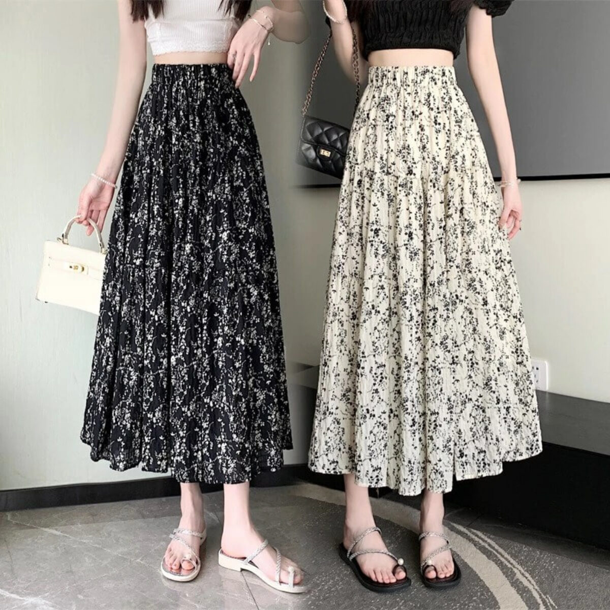 Chân váy hoa xòe mặc với áo gì