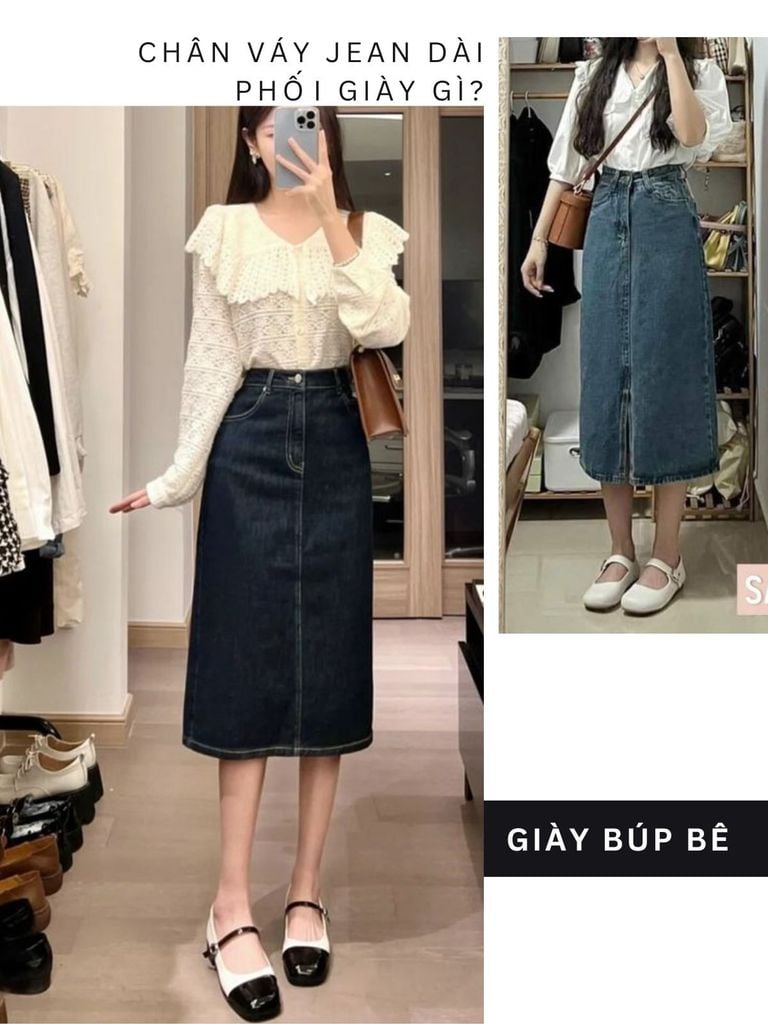 chân váy jean dài phối với giày gì
