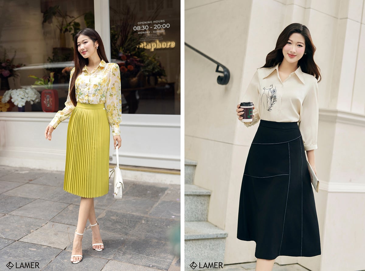 Phối đồ với chân váy xòe dài và áo sơ mi họa tiết