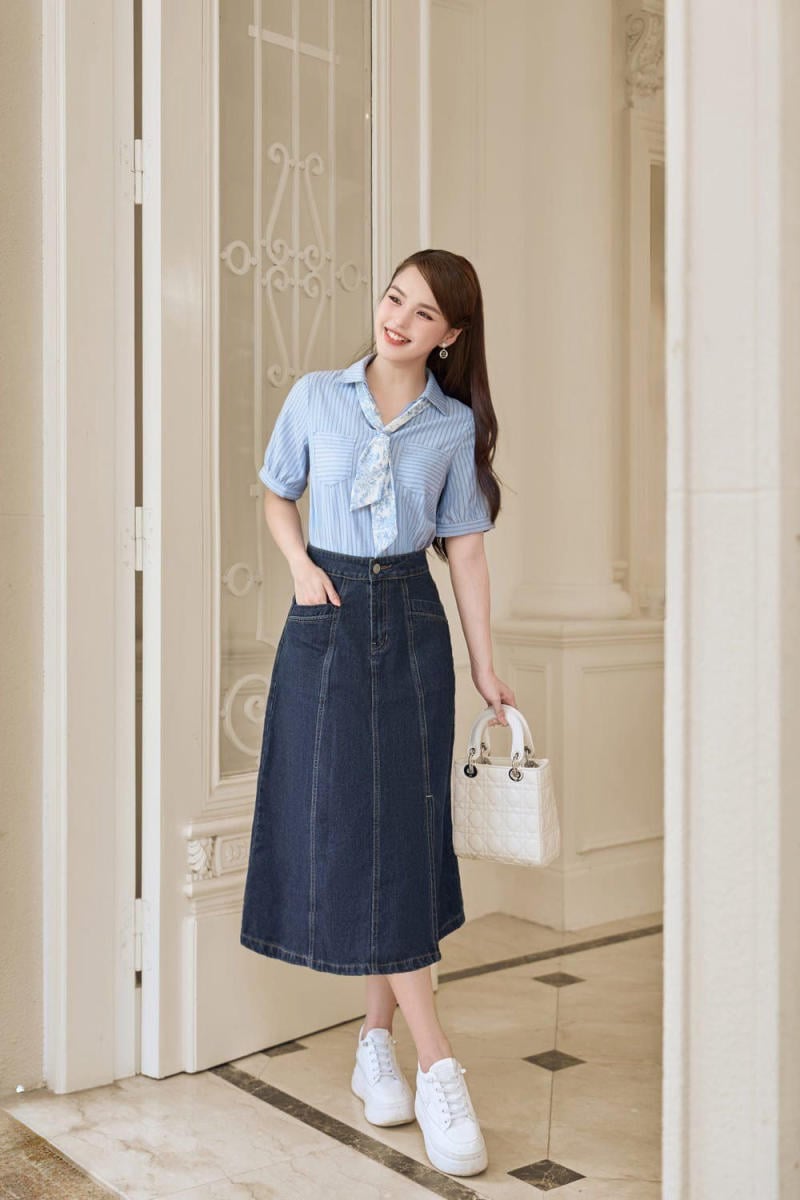 chân váy jean dài phối với áo gì đi tiệc