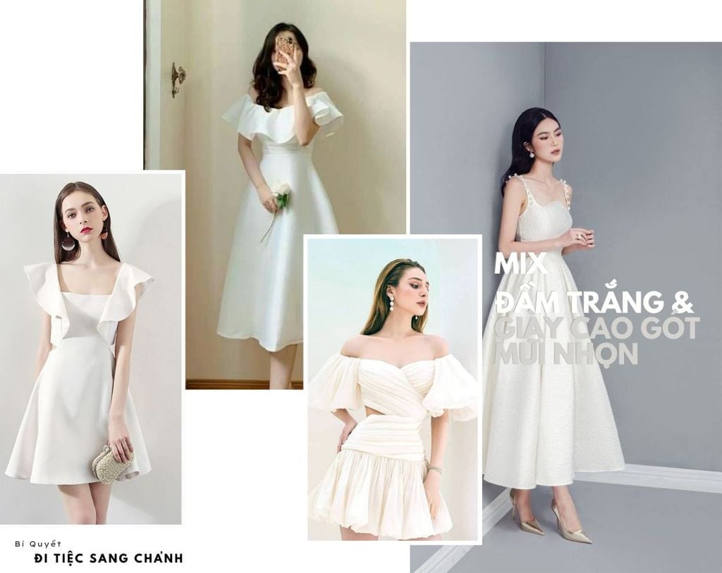 Phối đồ dự tiệc thanh lịch cùng váy trắng tinh khôi.