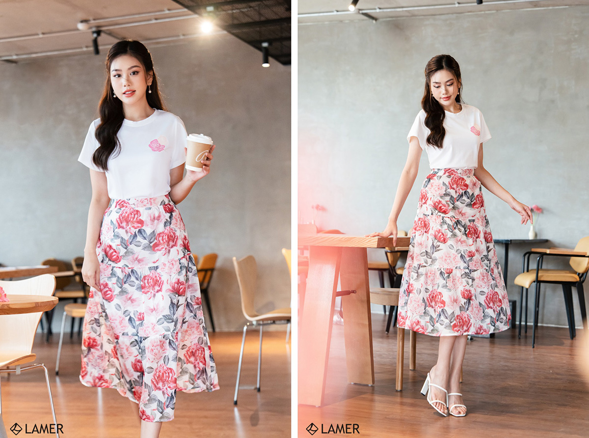 Áo phông mặc với chân váy hoa