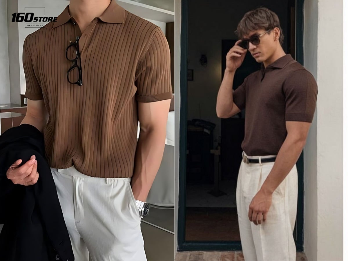 Áo nâu phối quần màu trắng thanh lịch