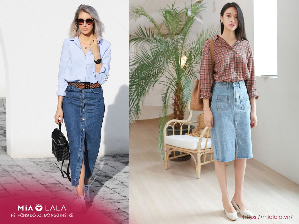 chân váy jean dài đi giày thể thao