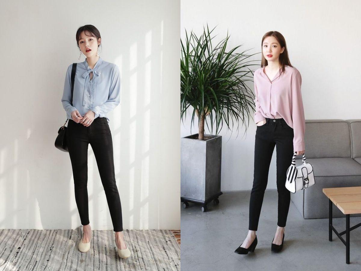 Quần legging phối áo sơ mi sọc oversize