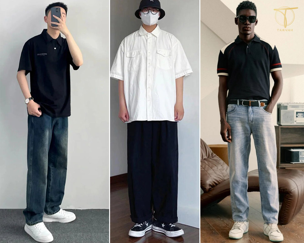 Quần Ống Suông Đi Với Giày Gì Nam? 10+ Gợi Ý Phối Đồ Đỉnh 2 Phối quần ống suông đen với sneaker trắng