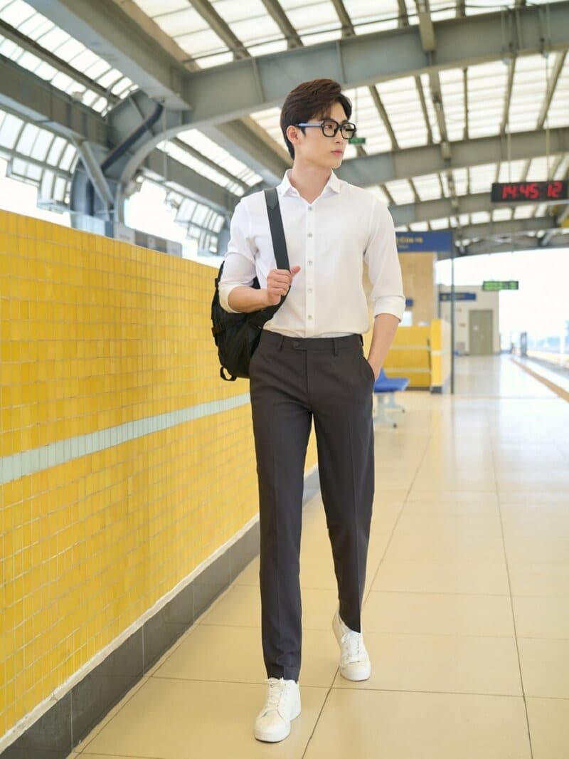 Quần tây áo sơ mi mang giày thể thao