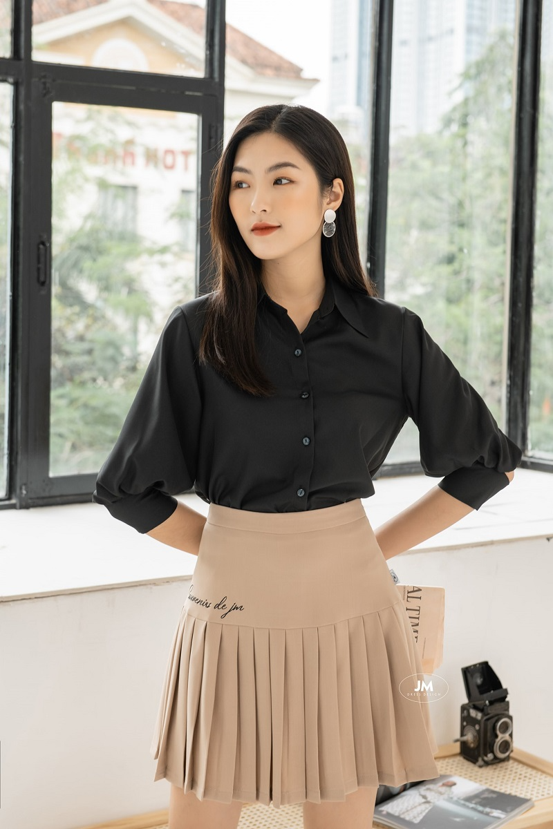 cách phối áo sơ mi với chân váy dài
