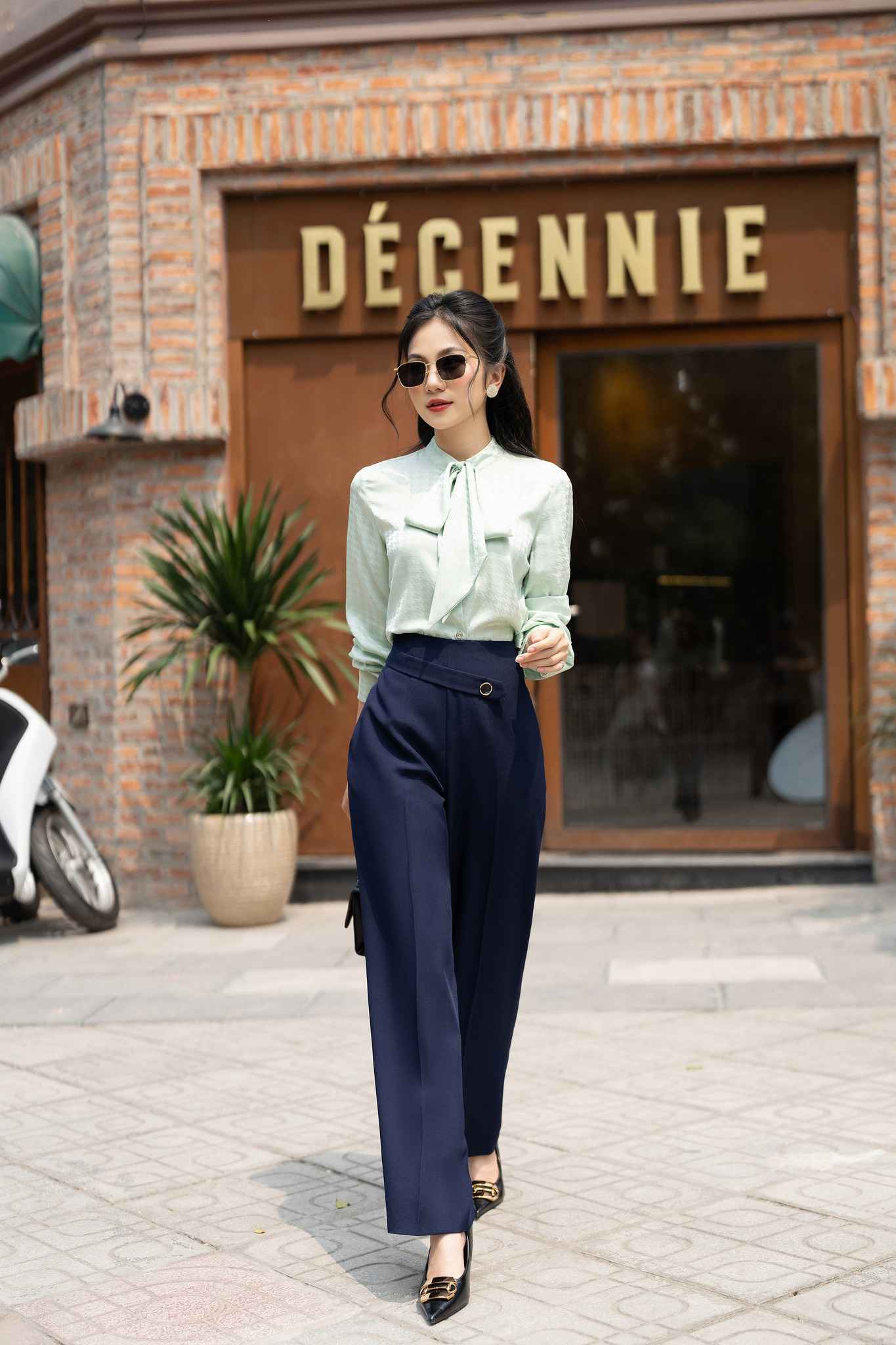 Áo sơ mi kiểu phối quần ống rộng