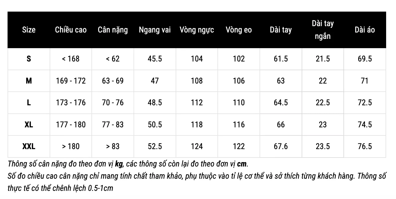 Size áo thun form regular