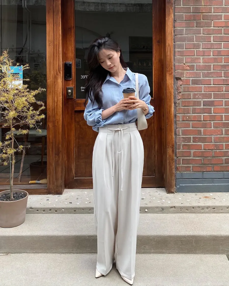 Cách mix áo sơ mi với quần ống rộng