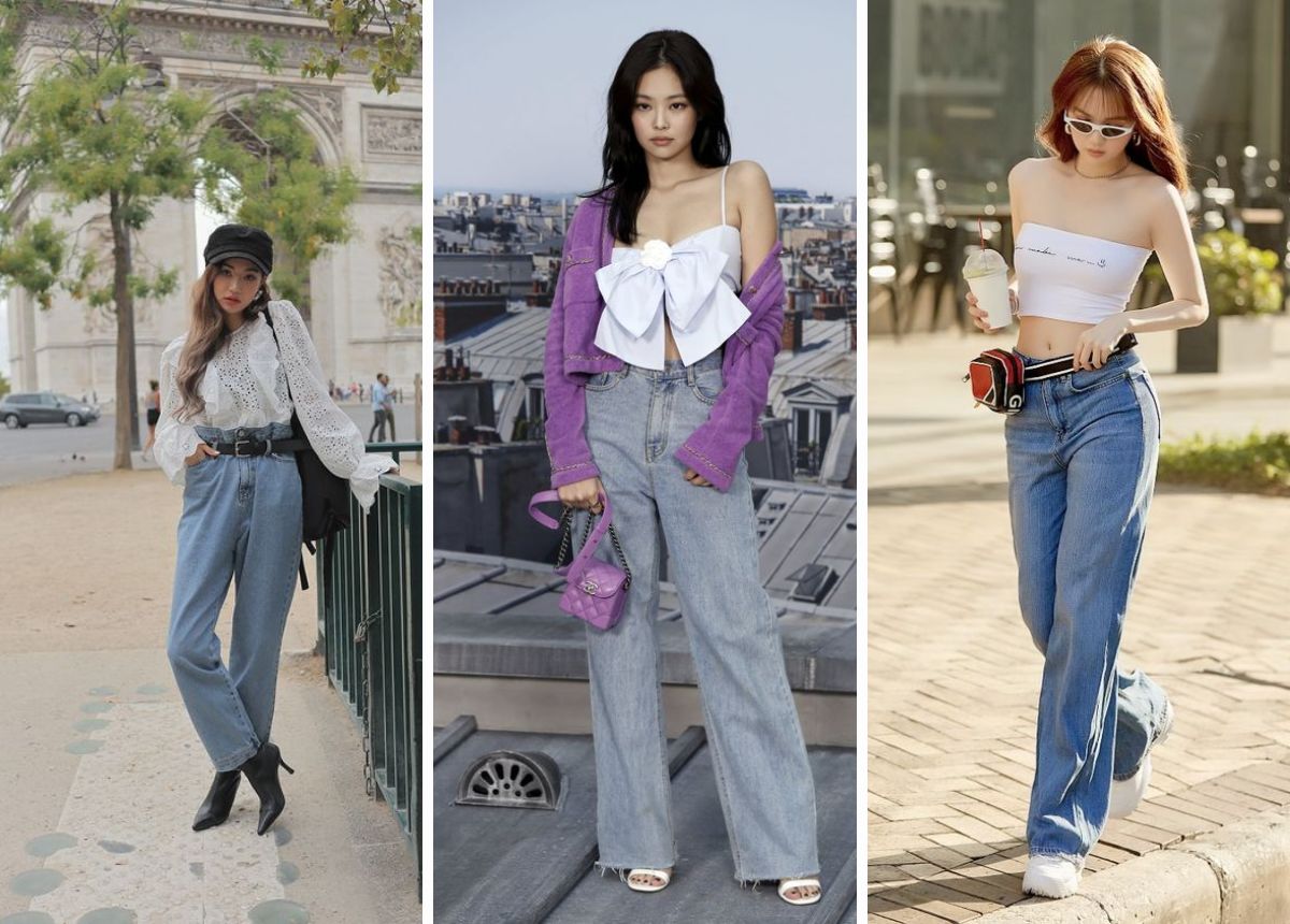 Quần jean ống rộng phối với áo thun