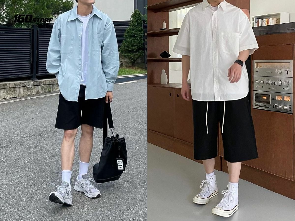 Áo sơ mi form rộng mặc với quần short nam