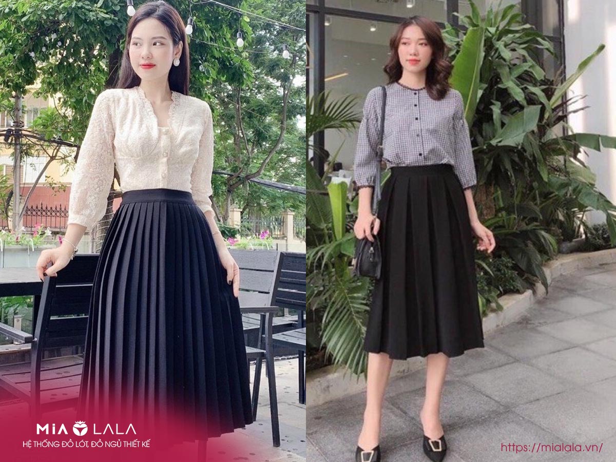 phối đồ với chân váy xếp ly dài