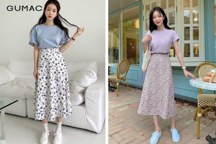 phong cách trẻ trung với chân váy hoa