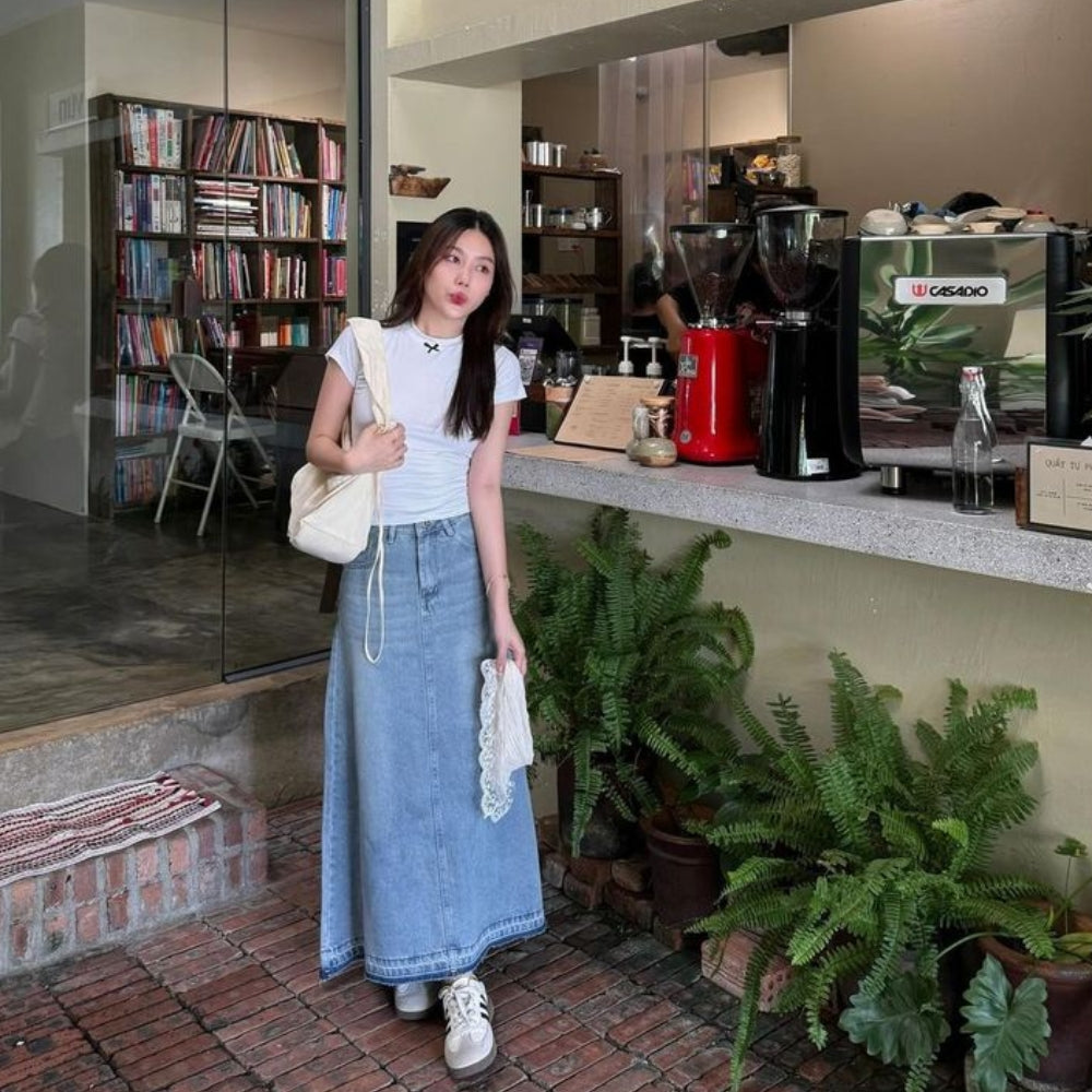 chân váy jean dài phối với áo gì