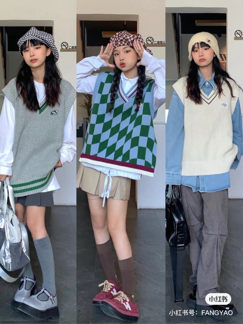 Gile dạ tweed phối cùng áo giữ nhiệt
