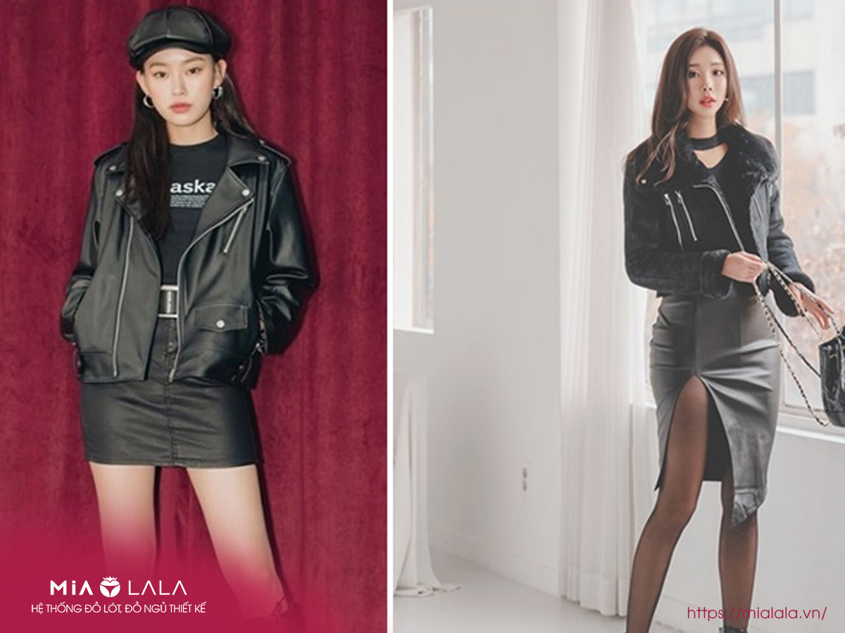 15+ Cách Phối Đồ Với Áo Khoác Da Nữ Sành Điệu Chuẩn Fashionista 3 Phối áo khoác da nữ cùng chân váy da