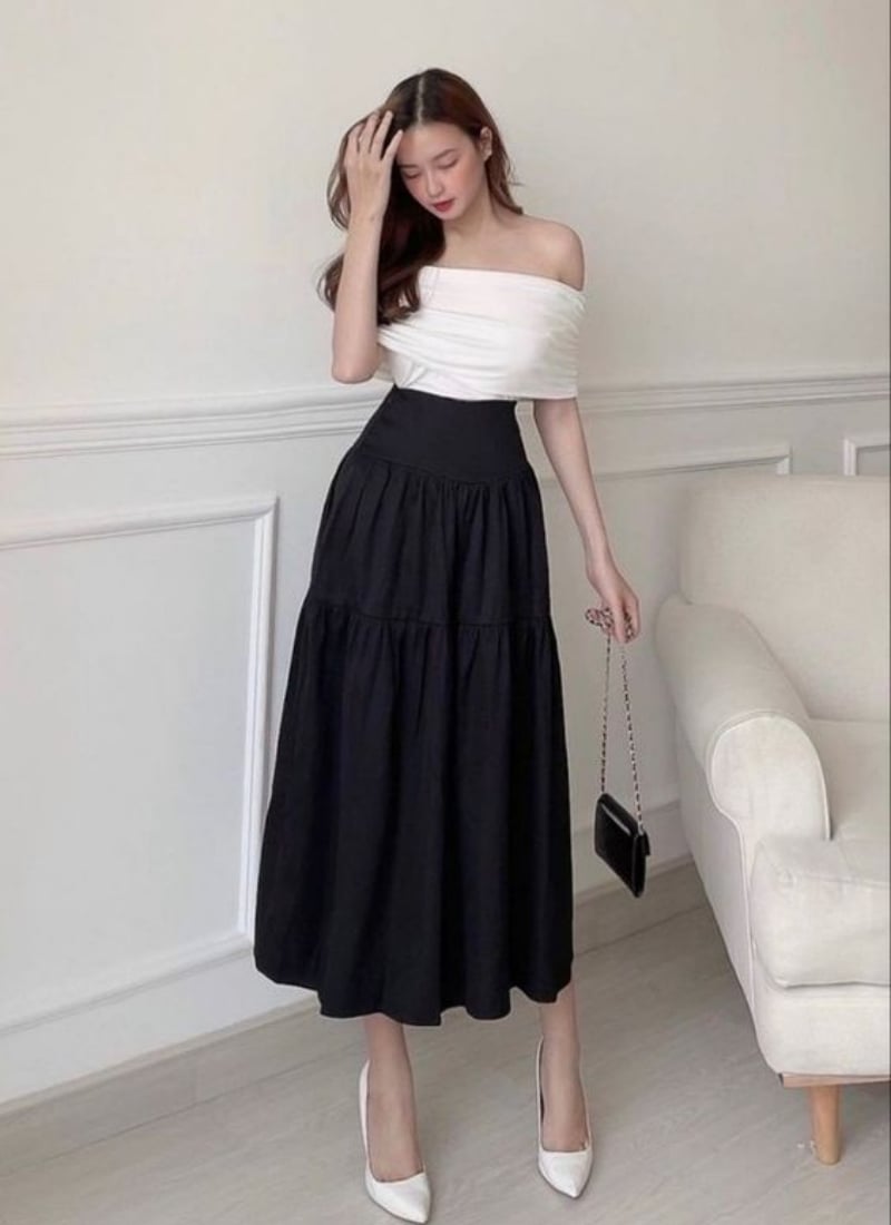 phối đồ với chân váy dài đen