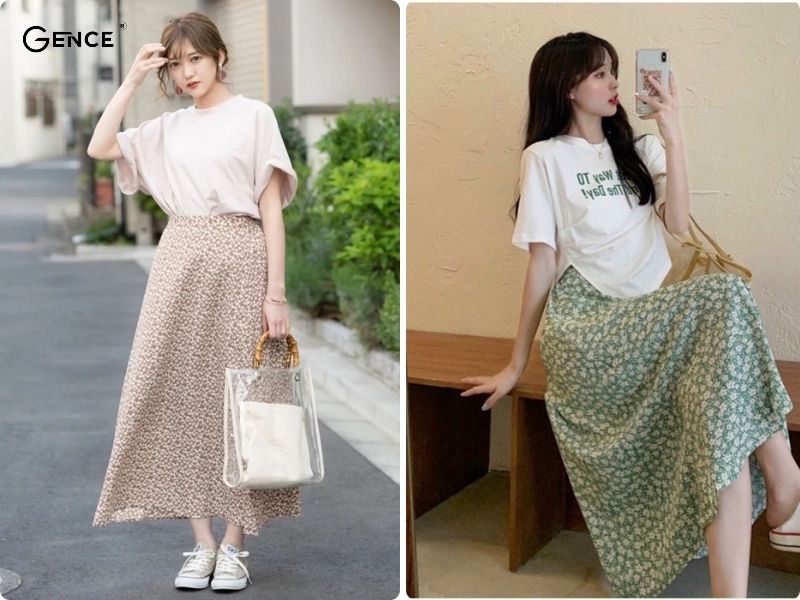 phong cách tiểu thư với chân váy hoa
