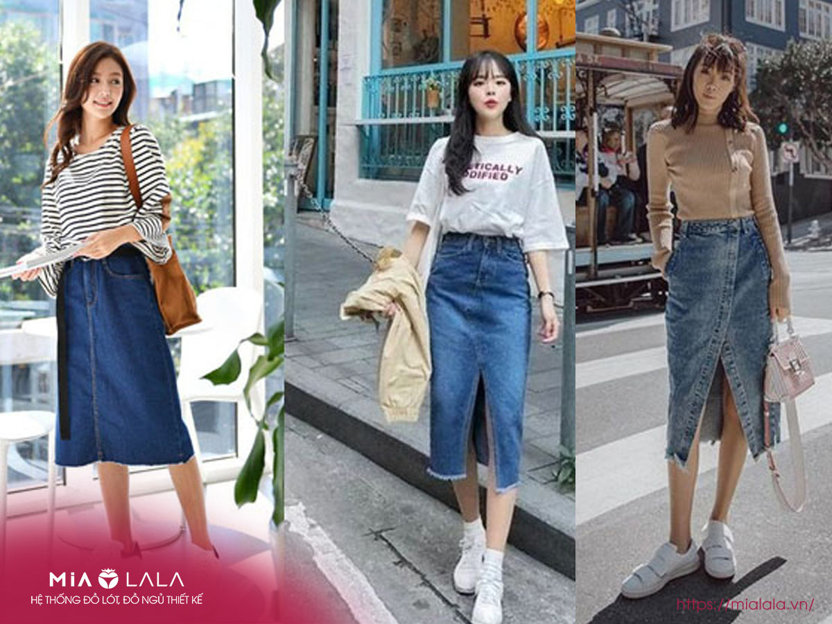 chân váy bò dài phối với áo gì
