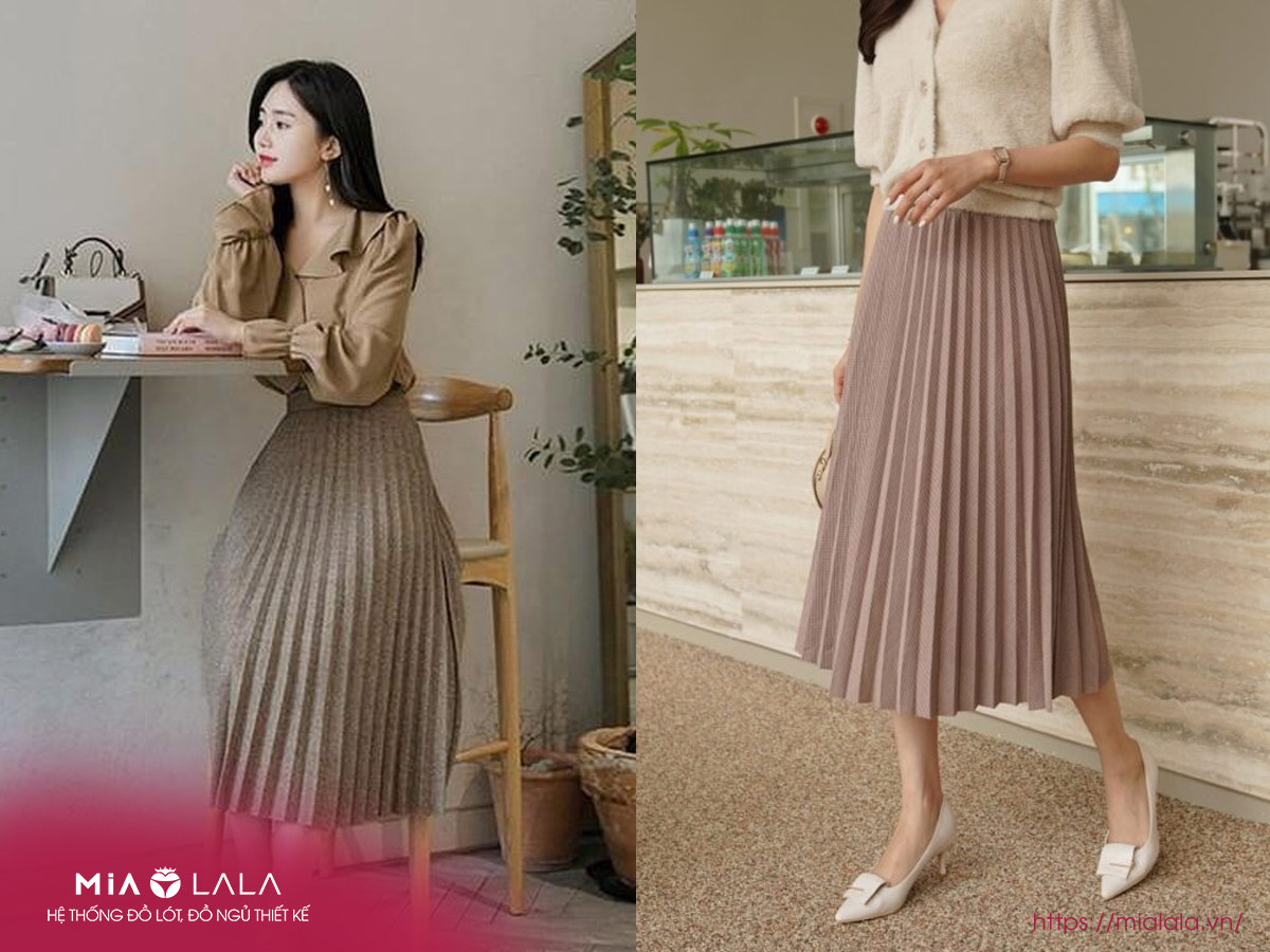 phối đồ với chân váy xếp ly dài màu đen
